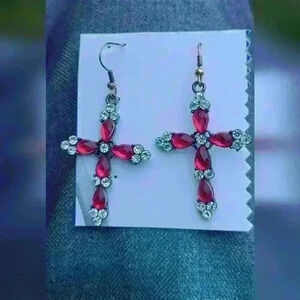 Vintage Gold-toned clear/red rhinestones cross earrings